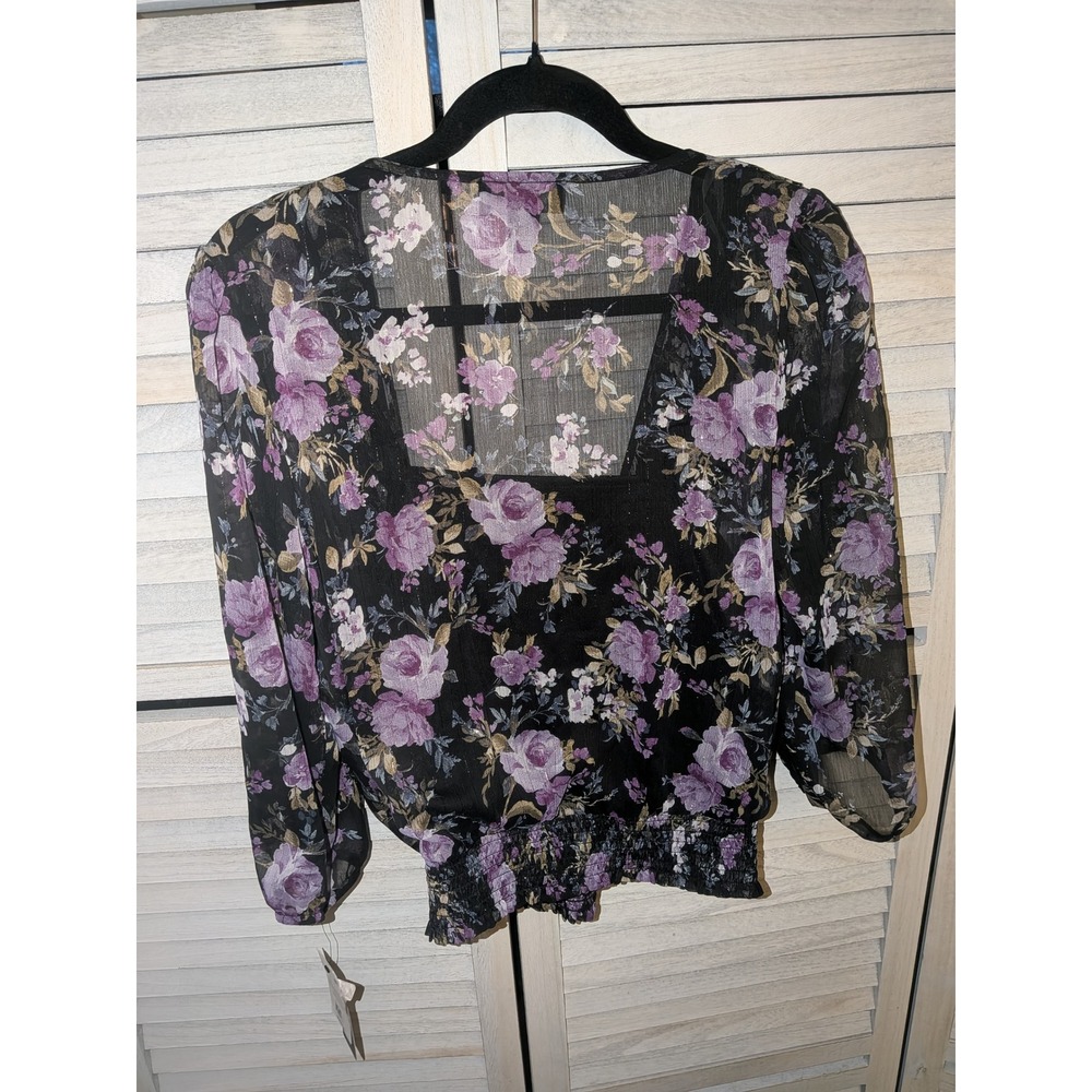 BCX Women Black Purple Floral Metallic Surplice Smocked Blouse Top NWT Medium - Picture 2 of 7